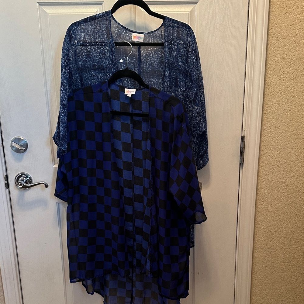 LuLaRoe Blue/Black Checkered and Blue patterned Lindsay kimonos.